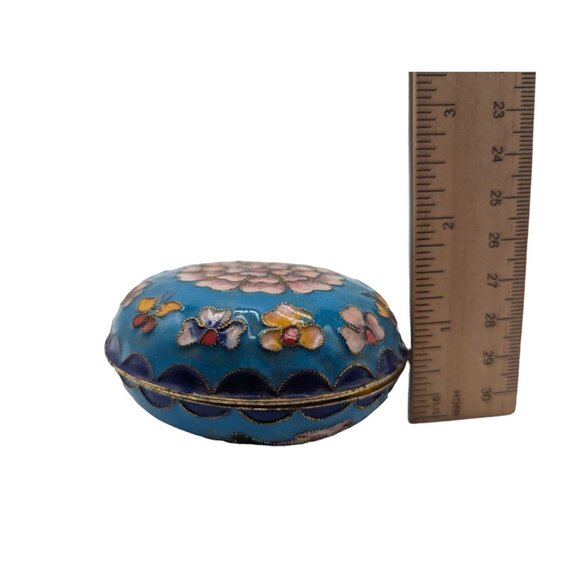Hand-Painted Floral Cloisonné Trinket Box - Blue & Pink Enamel - 2.5" Diameter - Picture 5 of 10